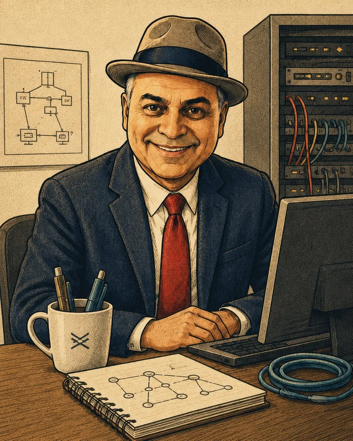 Illustrated portrait of Ravi at his workbench, with server rack, network diagram, and patch cables